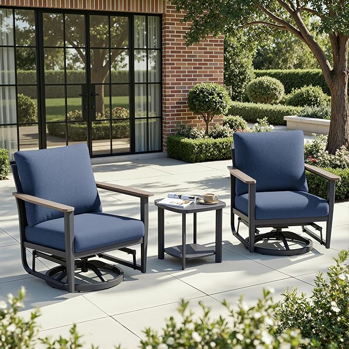 3-Piece Aluminum Patio Rocking Swivel Chair Outdoor Bistro Set, Patio Conversation Set Outdoor Patio Furniture Set with High Backrest & Thickened Cushions for Garden, Deck and Balcony, Navy Blue