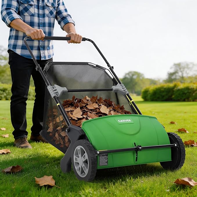 21 Inch Push Lawn Sweeper, Heavy Duty Leaf Collector with Dual Spinning Brushes 3.5 Cu. ft. Mesh Bag, Adjustable Height, Walk Behind Grass Sweeper for Leaves, Pine Needles & Yard Debris