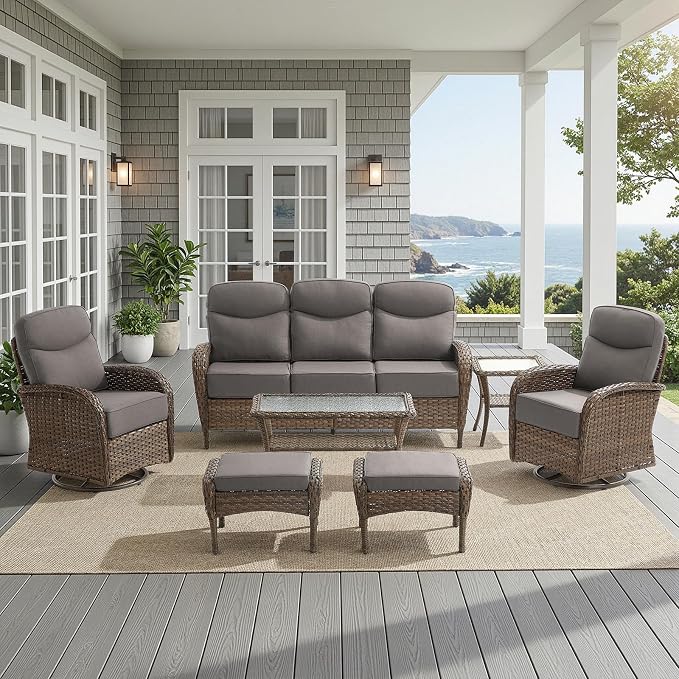 HUMMUH 7-Piece Patio Furniture Set with 6" Thick Cushion High Back Outdoor Swivel Rocker Chairs with 3-Seater Sofa,Coffee Table & Ottomans,Wicker Outdoor Conversation Set for Deck, Porch,Poolside