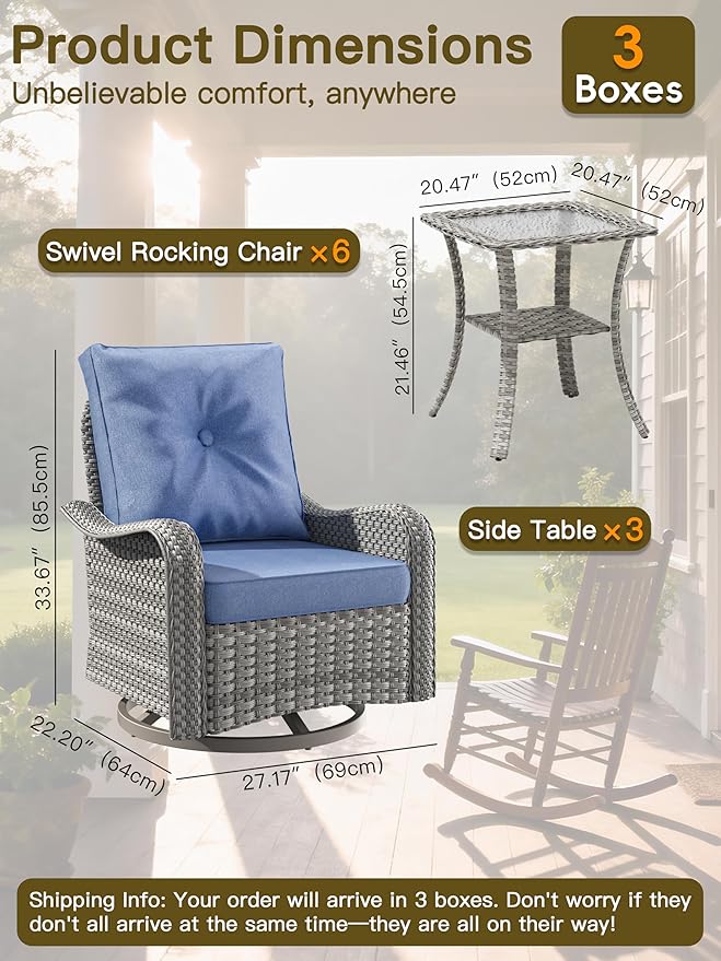 9-Piece Patio Furniture Set, Outdoor Swivel Rocking Chairs with 4" Thick Cushions & Side Table, All-Weather PE Rattan & Rust-Resistant Steel Frame Conversation Set for Porch, Garden, Backyard, Blue