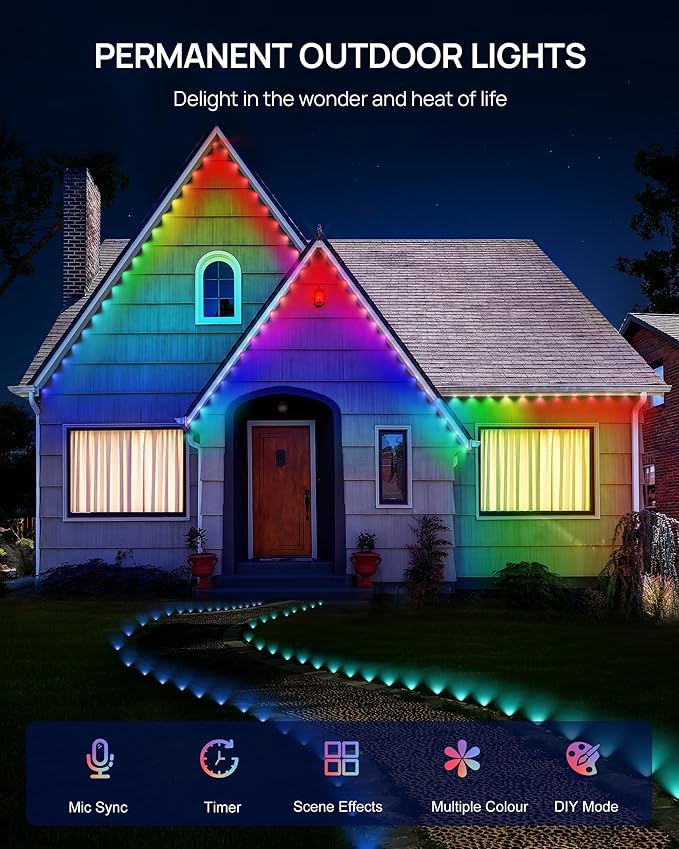 VCOKEN Permanent Outdoor Lights, 111FT with Smart 72 RGB LED Light for House & Outdoor Decor, DIY Scene Mode, IP65 Waterproof Eaves Lighting with App Control Remote for Christmas and Holiday Decor