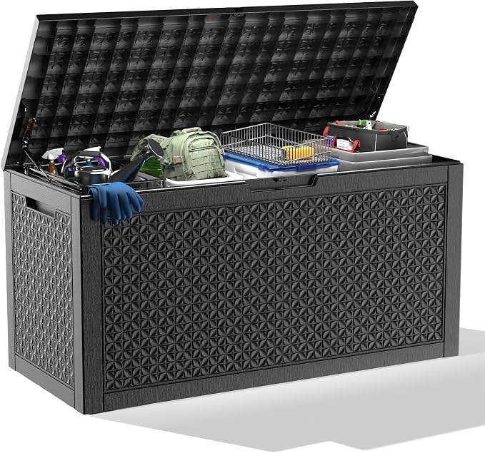 110 Gallon Deck Box Outdoor, Waterproof Outdoor Storage Boxes with Lids, Outside Resin Lockable Storage Box for Patio Cushions, Garden Tools(Black)