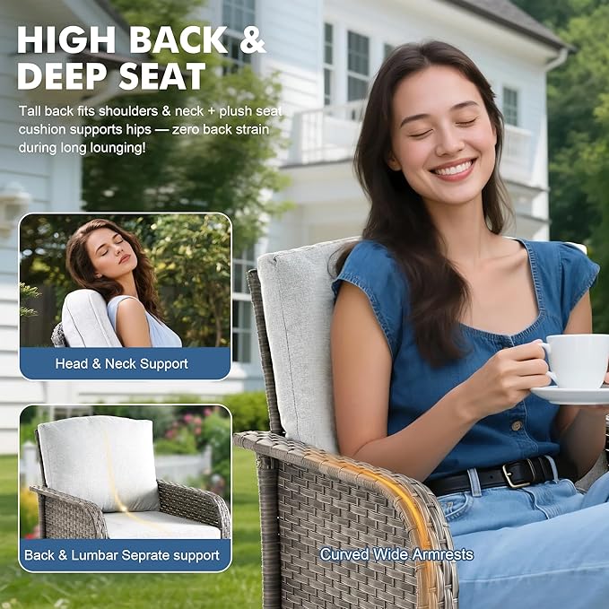 Weaxty Wicker Patio Furniture Set High Back Loveseat Sofa Couch Armchair Coffee Table, All Weather Rattan 4 Pieces Outdoor Conversation Sets for Patio Porch Deck Backyard Poolside, Gray