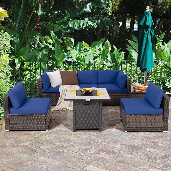 Tangkula 7 Piece Patio Furniture Set with Fire Pit Table, Patiojoy Outdoor PE Wicker Conversation Sectional Sofa Set with 30 Inches 50,000 BTU Propane Fire Pit Table, Waterproof PVC Cover (Navy)