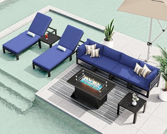 RADIATA 9 Piece Large Modern Aluminum Patio Furniture Set, Fade Resistant Modular Outdoor Conversation Set with Lounge & Fire Pit Table, 500 lbs Durable Modular Sectional Sofa for Garden, Navy Blue