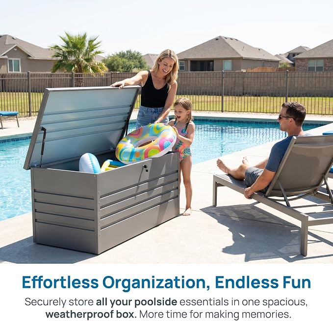 Metal Outdoor Storage Box 260 Gallon, Large Metal Deck Box, Light Gray | Waterproof Lockable for Pool Patio Summer Home
