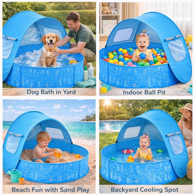 Baby Pool with Canopy, Foldable Kiddie Pool with Shade, Pop Up Water Play Pool with Carrying Bag for Toddlers, Portable for Backyard and Beach, 35.4 Inch