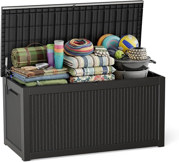 ROJIK 320 Gallon Deck Box Outdoor Waterproof,Weatherproof Outdoor Storage Boxes Lockable with Lid,Outside Resin Storage Bench for Patio Cushions,Garden Tools and Pool Accessories(Black)