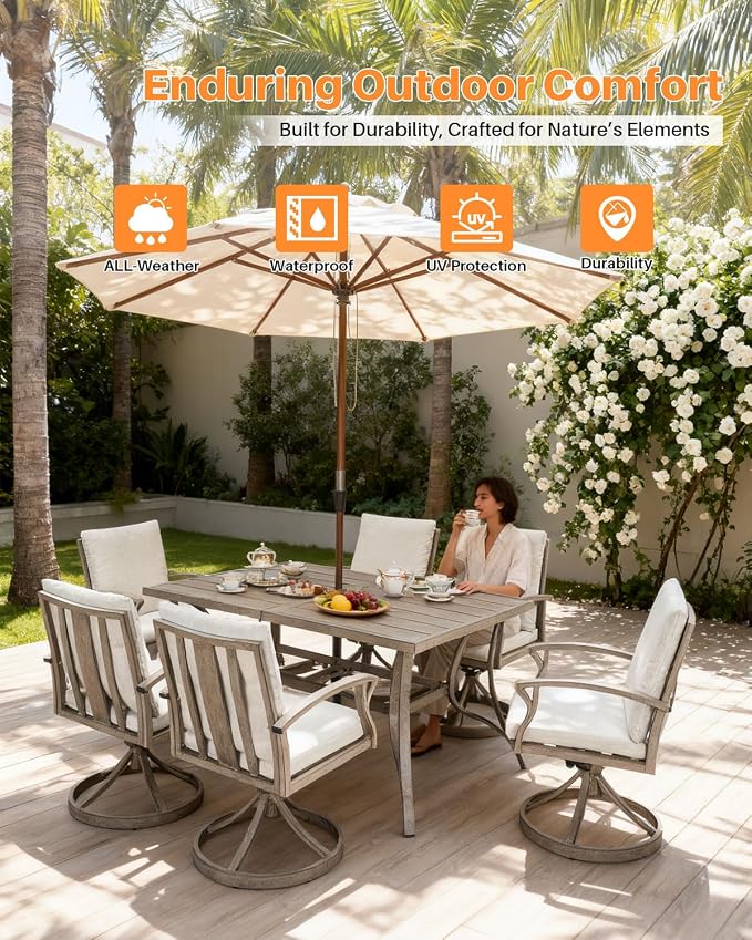 Patio Dining Table for 6, Never Rusts Outdoor Dining Table with Umbrella Hole, 59.8" x 35.8" Rectangle Patio Table, 6 Person Aluminum Outdoor Patio Table for Deck, Garden Poolside, Limed Oak