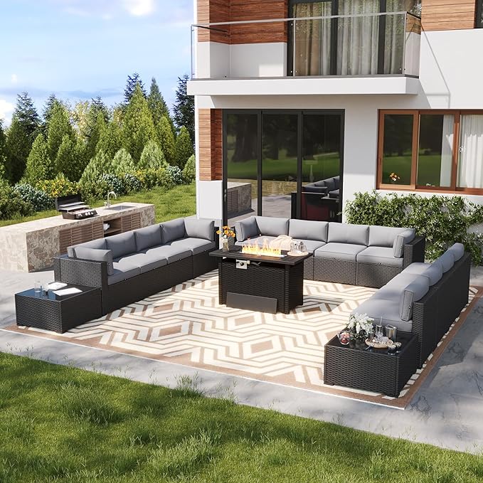 LazySunsets 15 Piece Outdoor Patio Furniture Set with 44'' Fire Pit Table, Outdoor Patio Furniture Set with Waterproof Cover, Wicker Rattan Outdoor Conversation Set for Backyard & Garden, Light Grey