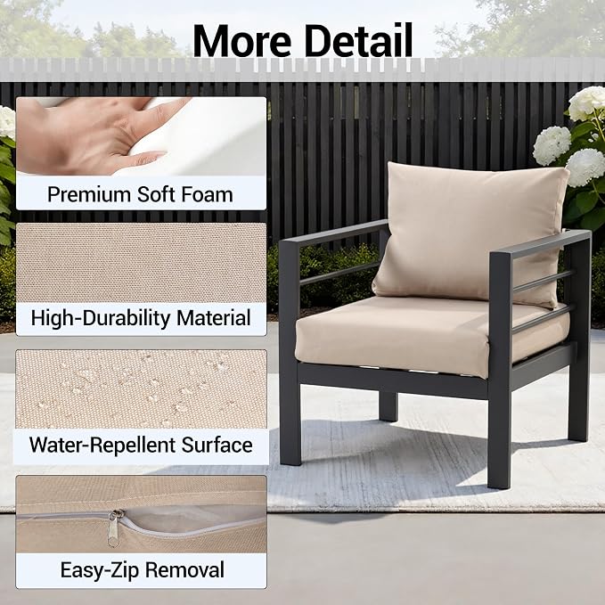 4-Piece All-Weather Metal Patio Furniture Set, Sectional Conversation Sofa w/Coffee Table, Heavy Duty Steel Frame & Washable Cushions for Backyard Garden (Khaki, Furniture Set（Straight）)