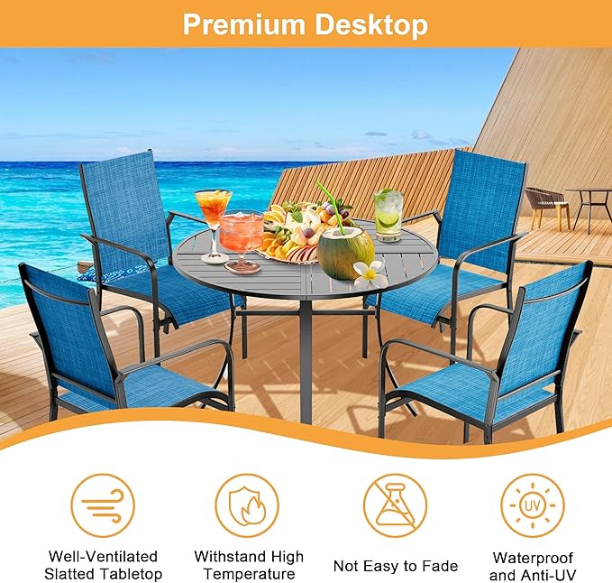 BUPPLEE 5-Piece Round Patio Dining Set with 42" Aluminum Table & 4 Textilene Chairs, Umbrella Hole, Waterproof Outdoor Furniture for Lawn, Deck, Backyard-Blue