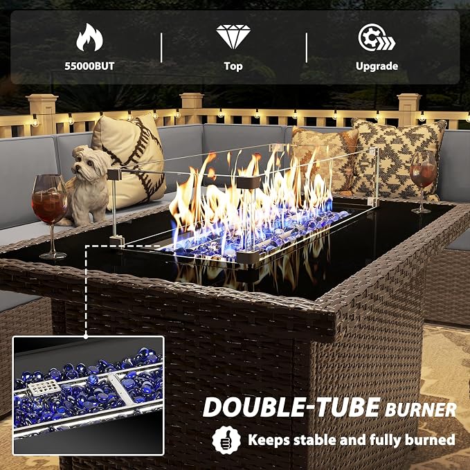 13 Pieces Patio Furniture Set with 44" Propane Gas Fire Pit Table, Outdoor Sectional Wicker Conversation Sofa Sets with Coffee Table