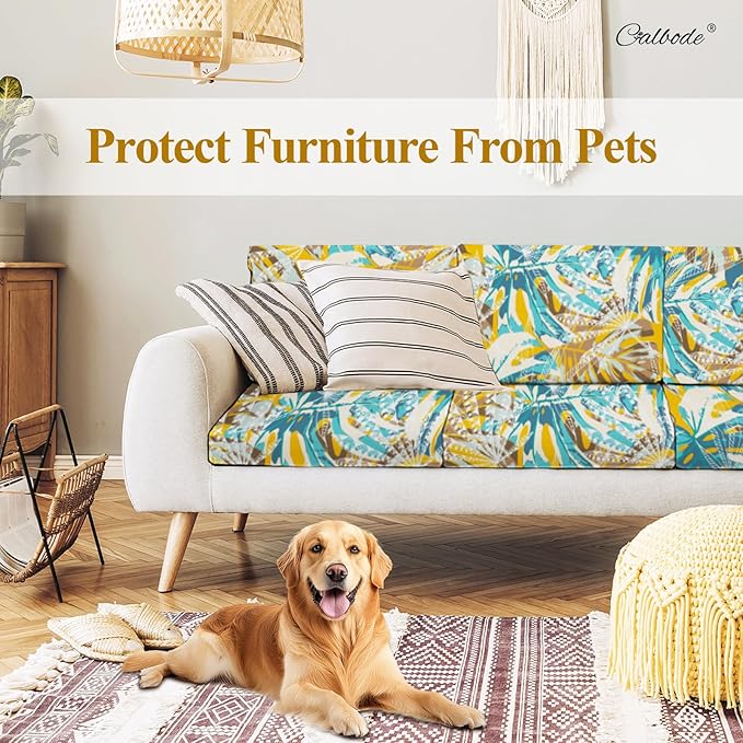 CALBODE 8pcs Outdoor Tropical Plant Printed Sofa Seat Cushion Covers Strechable, Dustproof Elastic Half-Covered Sofa Covers Washable Reusable Patio Furniture Protector（Blue and Yellow, Cover Only）