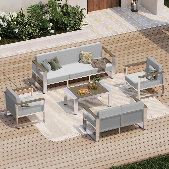 Patio Furniture Set, 5 Piece Aluminum Outdoor Furniture Set with Coffee Table, Wide Seat and Thick Cushions, Modern Patio Conversation Sets for Deck, Porch (LightGray)