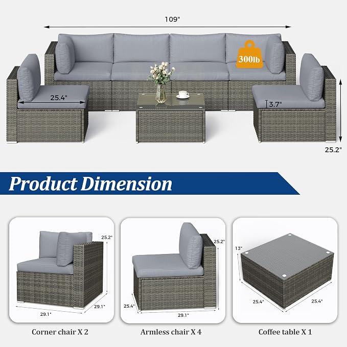 SUNVIVI OUTDOOR 8-Piece Modular Outdoor Patio Furniture Set, Wicker Outdoor Sectional Sofa with 45" Fire Pit Table, All-Weather Rattan with Cushions for Porch Garden Backyard, Grey