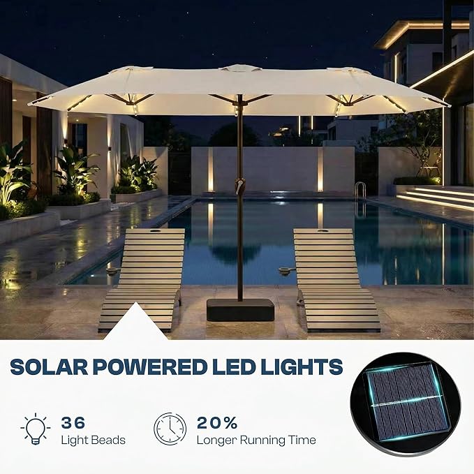 15FT Patio Umbrella with Solar Lights, Double-Sided Extra Large Outdoor Table Umbrella with Base Included, Heavy-Duty 12 Iron Ribs Market Umbrella for Garden, Pool, Backyard, Creamy White