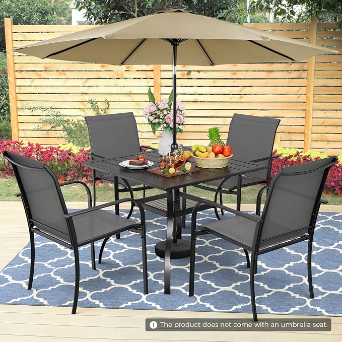 Incbruce 6 Pieces Patio Dining Set with Brown Umbrella, Outdoor Dining Set of 4 Textilene Chairs and Square Table with Umbrella Hole for Backyard, Garden, and Poolside (Grey)