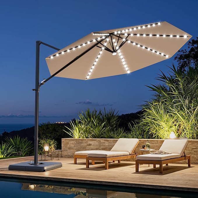 Greesum 10FT Outdoor Patio Umbrella with High Pedel and 4 Gear Heights, Large Offset Umbrella with Solar LED Lights and 360-degree Rotation, Without Base, Hanging Outdoor Shade for Garden, Brown