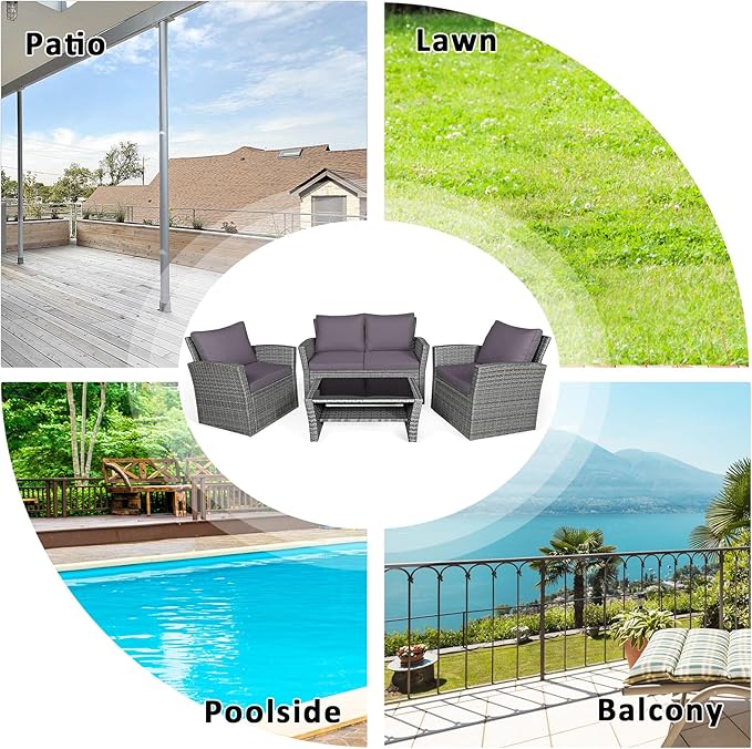 Tangkula 4 Pieces Patio Furniture Set, All Weather Outdoor Sectional Rattan Sofa Set with Cushions & Tempered Glass Table, Wicker Conversation Couch Set for Backyard Garden Poolside