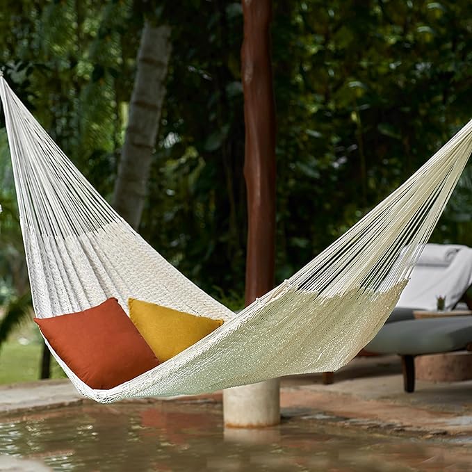 NOVICA Natural Beige Off White Hand Woven Cotton Mayan 1 Person Rope Hammock with Hanging Accessories, 'Caribbean Beach' (Single)