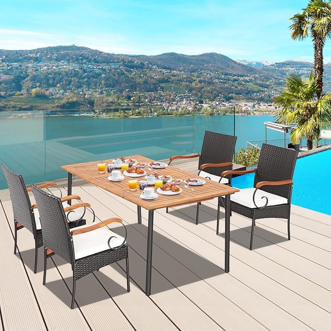 Tangkula 5-Piece Outdoor Dining Set with Acacia Wood Table & 4 Wicker Rattan Armrest Chairs, Detachable Cushions, Umbrella Hole, All-Weather Patio Conversation Furniture Set for Garden Deck Poolside