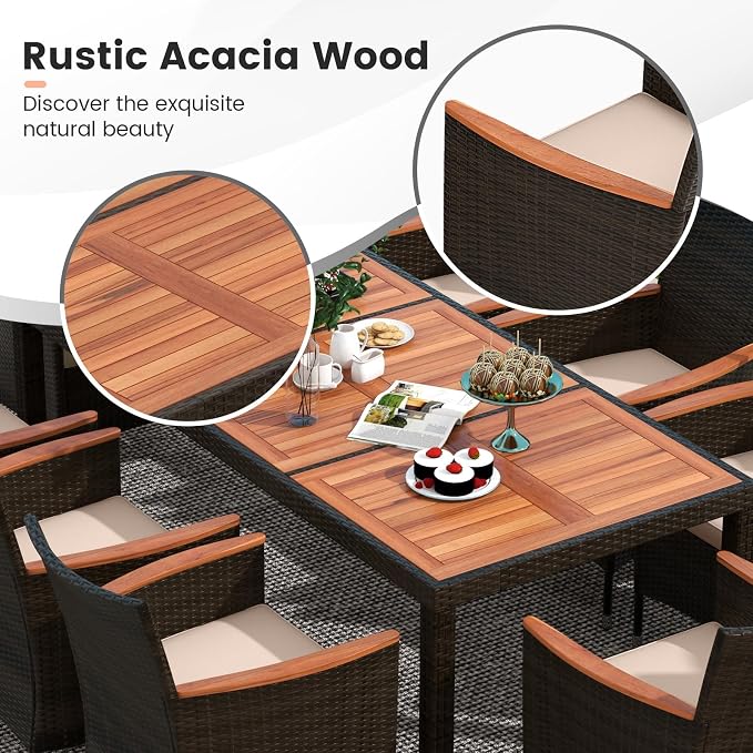 Tangkula 9 Pieces Outdoor Dining Set - Patio Wicker Furniture with Acacia Wood Table Top, Rattan Dining Table Chairs Perfect for Outdoor and Indoor