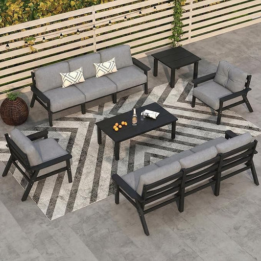 10 Piece Outdoor Patio Furniture Set, Outdoor Couch with Washable Thick Gray Cushions, Coffee Table & Side Table, Patio Conversation Sets for Lawn, Garden, Porch, Balcony (Black Frame)