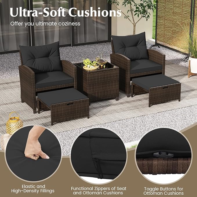 COSTWAY 5-Piece Rattan Conversation Set, Outdoor Sofa, Tempered Glass Coffee Table & Ottomans for Small Space, Boho Chic Indoor/Outdoor Furniture for Patio, Living Room & Apartment (Black)
