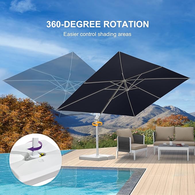 PURPLE LEAF 9' × 11.5' Patio Umbrella With Base White Cantilever Umbrella Square Outdoor Offset Umbrella Windproof with 360° Rotation for Garden Deck Pool, Navy Blue