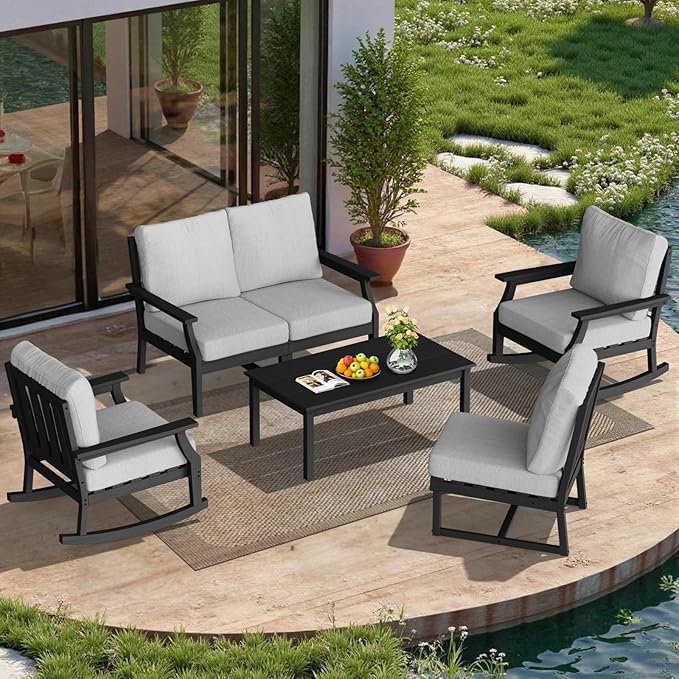 HDPE Patio Conversation Set, 6-Piece All Weather Outdoor Furniture Set with 2 Single Rocking Armchairs for Deck, Lawn, with Cushion, Black