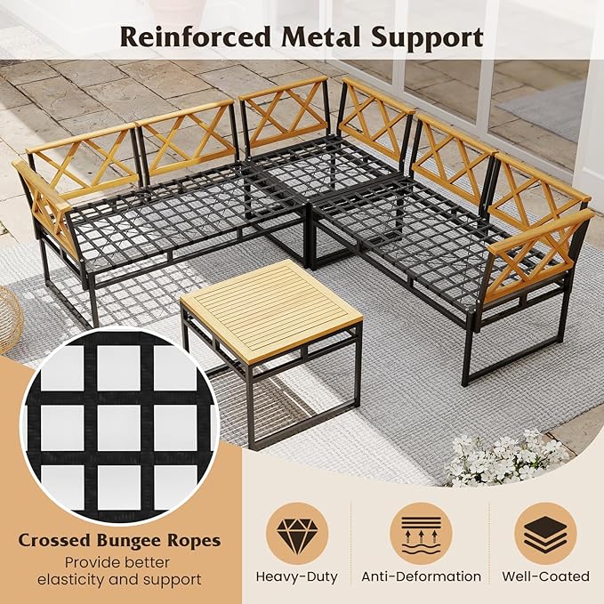 Tangkula L Shaped Outdoor Sectional Sofa Set, 4 Pieces Acacia Wood Patio Cushioned Conversation Set with Bungee Rope Seat,for Porch, Yard, Poolside (Off White)