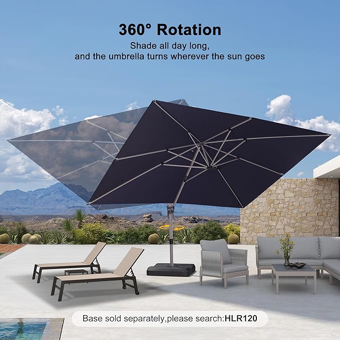 PURPLE LEAF 10' X 13' Patio Umbrella, Rectangle Outdoor Cantilever Umbrella, Aluminum Offset Umbrella with Champagne Frame and 360° Rotation for Pool Deck Garden, Navy Blue