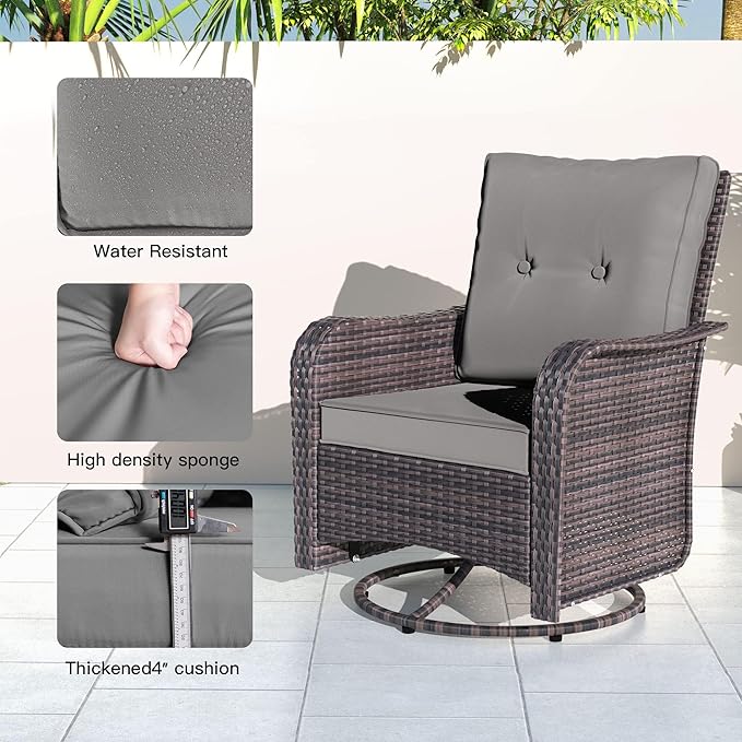 Kullavik 3 Pieces Patio Furniture Set,Outdoor Swivel Glider Rocking Chairs Set,Front Porch Furniture Patio Conversation Sets with Side Table for Balcony Deck Backyard,Grey