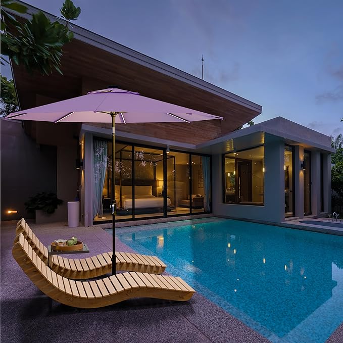 Midtown Umbrellas The LED Swilt 9 Feet Patio Umbrella With Terylast Midtown Purple Polyester Fabric - Auto-Tilt Aluminum Frame With LED Lights For Backyard, Deck, Garden, Pool - Black Pole