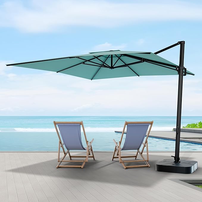 Midtown Umbrellas The Grande Square 9 x 9 FT Outdoor Cantilever Patio Umbrella w/Terylast Seawater (Aqua) Polyester Fabric - 8 Rib Frame Offset w/Tilt & 360° Rotate Pedal System - Black Frame