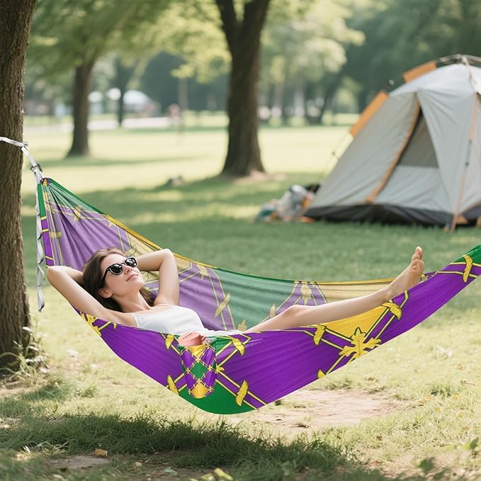 Mardi Gras Purple Green 330lb Capacity Camping Hammock with Portabl Carry Bag Backyard Hammock for Camping & Hiking Essential hamaca de Algodon para Jardin