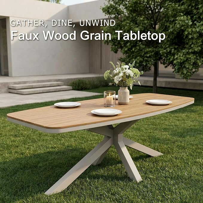 SUNSITT 7 Piece Outdoor Patio Dining Set, Patio Dining Furniture Set with 87” Aluminum Dining Table w/X Base Legs and 6 Woven Wicker Patio Chairs w/Curved Backrest for Garden, Flaxen
