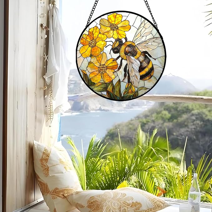 Stained Glass Window Hanging - Yellow Bees Gathering Flowers Sun Catcher for Door Garden Home Decor Cute Suncatcher Christmas Mother's Day Birthday Gifts for Women Men Mom Nana 9.8 in