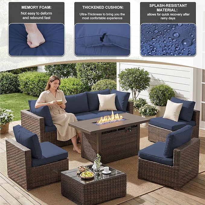 8 Pieces Patio Furniture Sets Outdoor Sectional Sofa with 44'' Propane Rattan Wicker Firepit Table, Patio Sectional Conversation Set with Cushions for Backyard, Poolside, Garden Blue