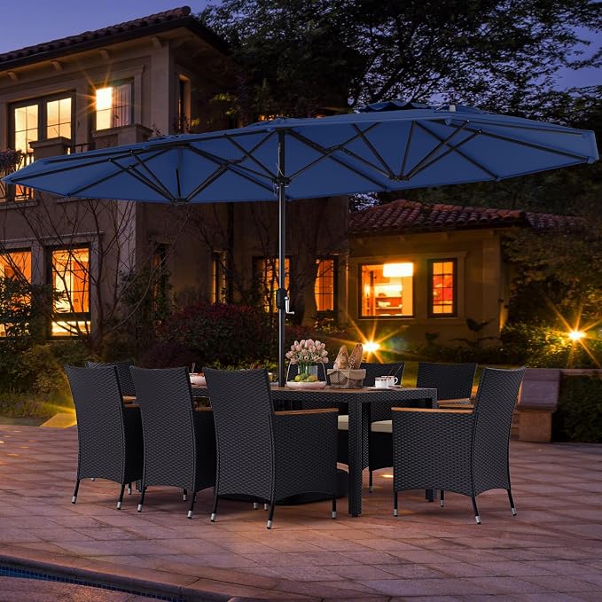 Tangkula 11 Piece Patio Wicker Dining Set w/Double-Sided Patio Umbrella, 8 Stackable Cushioned Chairs, 71" Acacia Wood Dining Table & 15 ft Umbrella with Weighted Base (Navy + Off White)