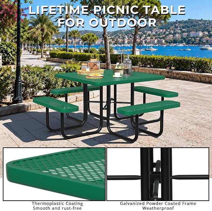 All-Weather Square Outdoor Picnic Table, Commercial Picnic Table Bench Set with Umbrella Hole, Thermoplastic Coated Metal Dining Tables for School, Stores, Park, Patio, Yard, Green