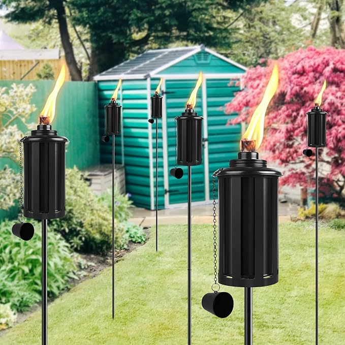 Citronella Torches Set of 4, 16 oz Garden Torches for Outside, 3-Prong Grounded Stake Outdoor Torches, 58 inch Outdoor Decorative Lantern, Black
