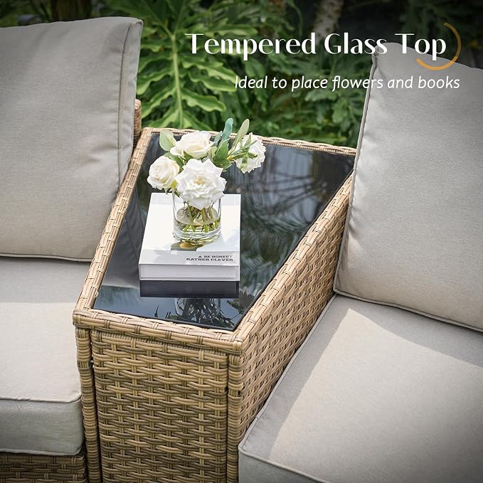 PaPaJet Rattan PE Patio Storage Side Table Sofa Wedge End Table with Tempered Glass Top, Outdoor Wicker Sectional Arm Table, Brown
