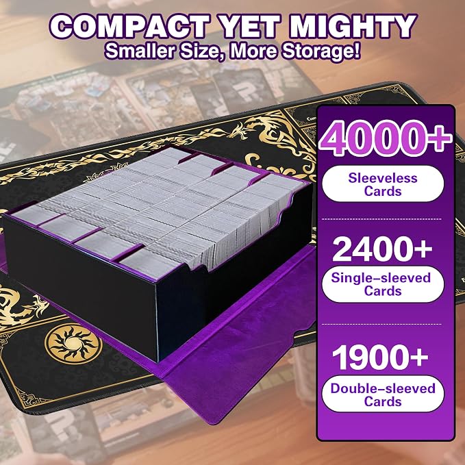 PROMAXIBINDER Trading Card Storage Box Fits 4000+ Cards, 4-Row MTG Commander Deck Case with Playmat, 6 Movable Partitions 24 Dividers PU Leather Magnetic Closure, Magic/TCG/YuGiOh/Sport (Black&Purple)