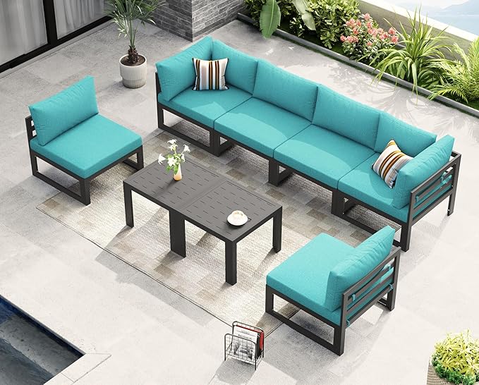 NICESOUL 8 Piece Oversized Modular Aluminum Outdoor Furniture Set, 29" Deep and Wide Sectional Seating, 500 lbs High Weight Capacity Water Resistant Patio Conversation Set for Garden Deck, Turquoise