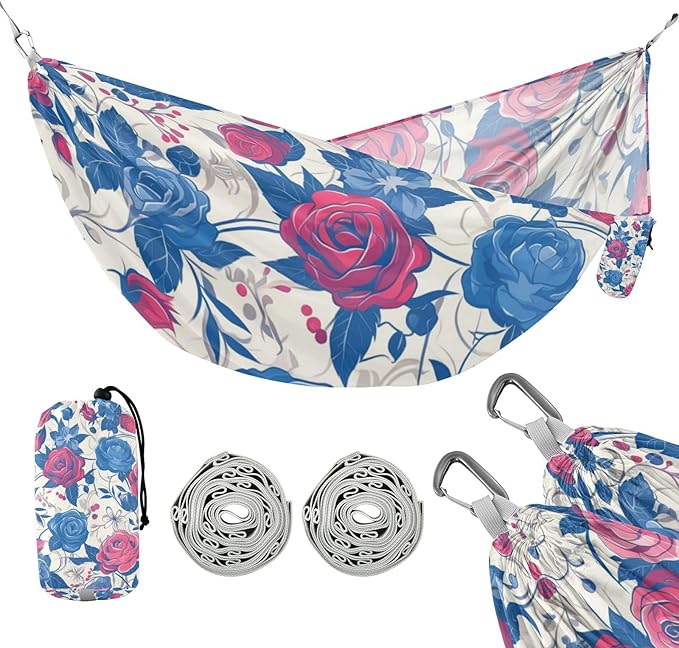 4th of July Independence Day Red and Blue Roses 330lb Capacity Outdoor Hammocks with Portabl Carry Bag Swing Hammock for Outside Patio Garden jamaca para Patio
