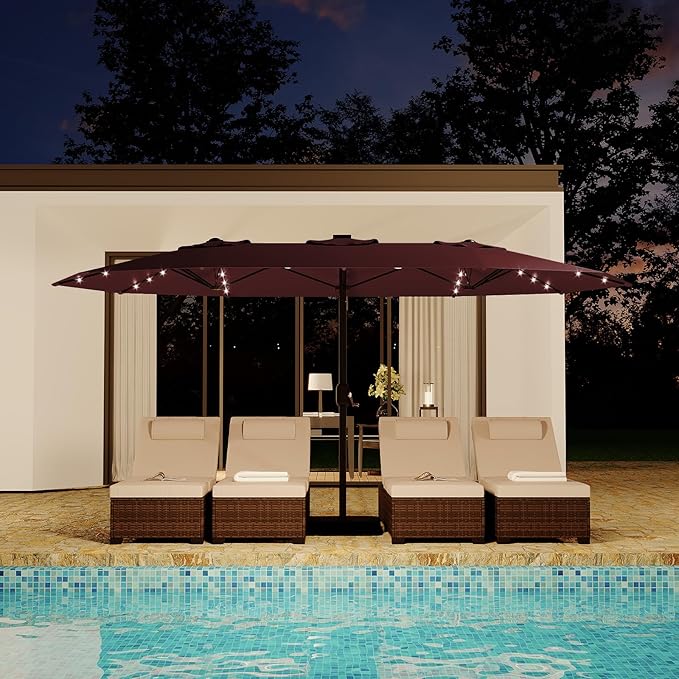 KYBOLT 15 Ft Large Patio Umbrella with Solar Lights, Outdoor Double-Sided Rectangle Umbrella with Base, Outdoor Umbrella for Backyard, Pool, Patio, Burgundy
