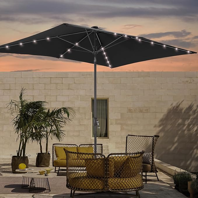 Rectangle Patio Umbrella with Solar Lights, 6x9ft Outdoor Rectangular Table Market Umbrella Patio with Push Button Tilt and Crank for Pool, Deck, Garden,Backyard