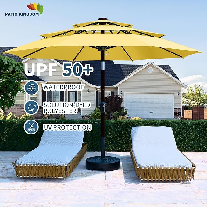 PatioKingdom 9ft 3-Tier Patio Market Umbrella with Crank/Tilt, Commercial Heavy Duty Wind Proof,Outdoor Table Umbrella with 8 Fiberglass Ribs,UPF50+ for Deck,Pool,Garden,Backyard (Yellow)
